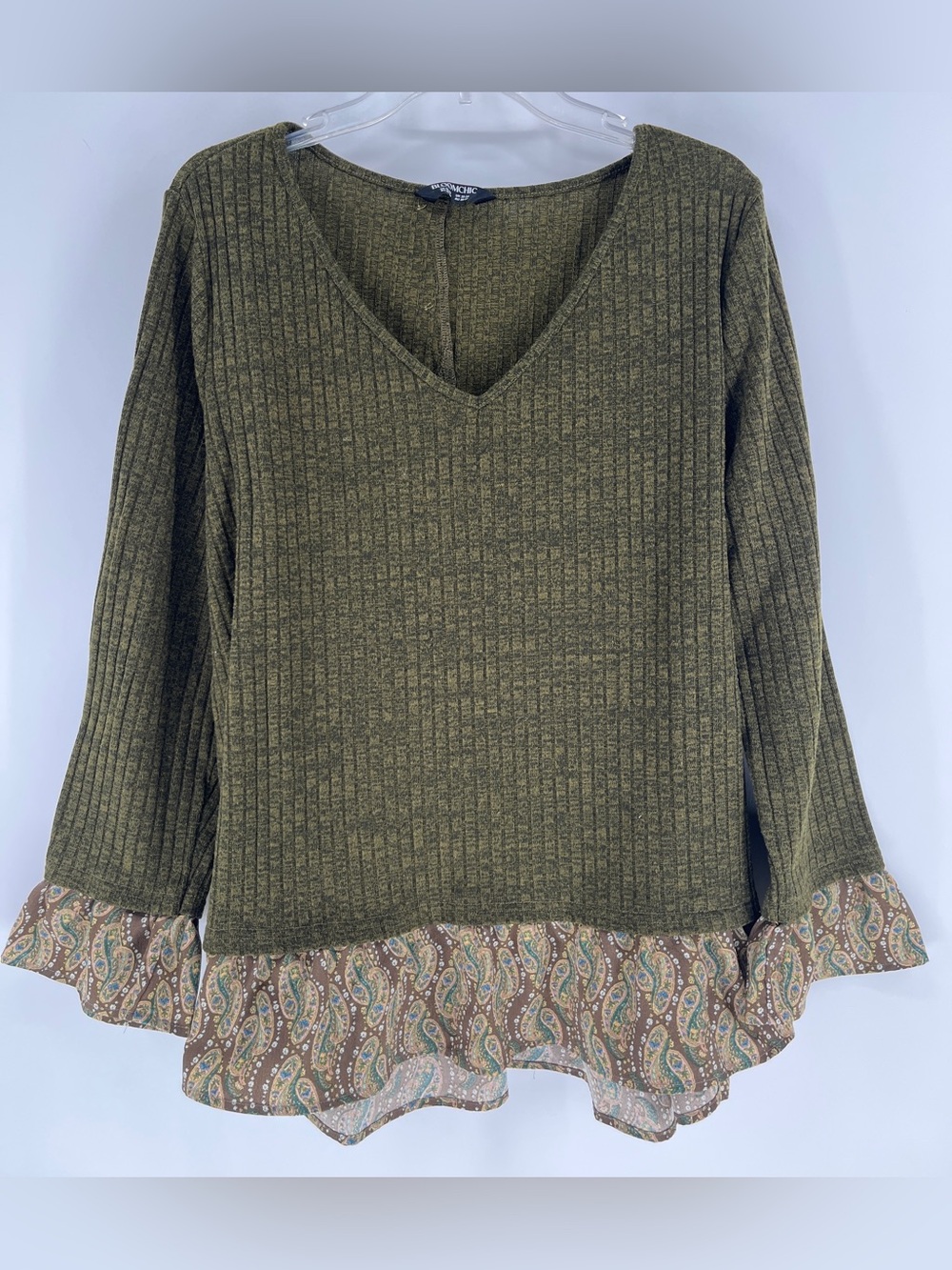 BloomChic Boho Olive Green Ribbed Knit Paisley Hem Top US 18